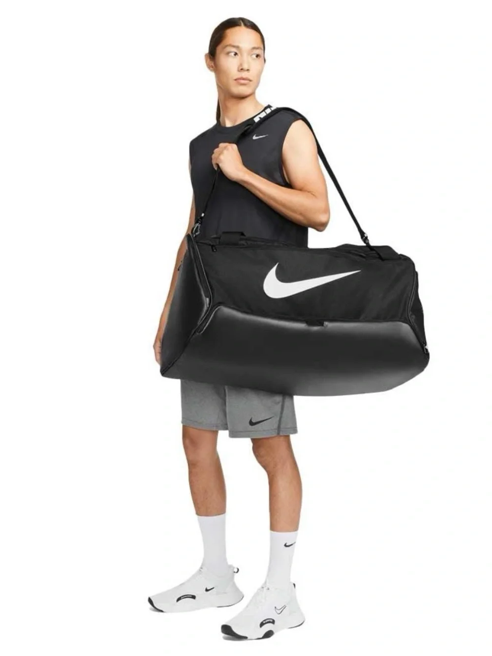 NWT Nike Black Duffel Bag with White Swoosh and Logo Strap